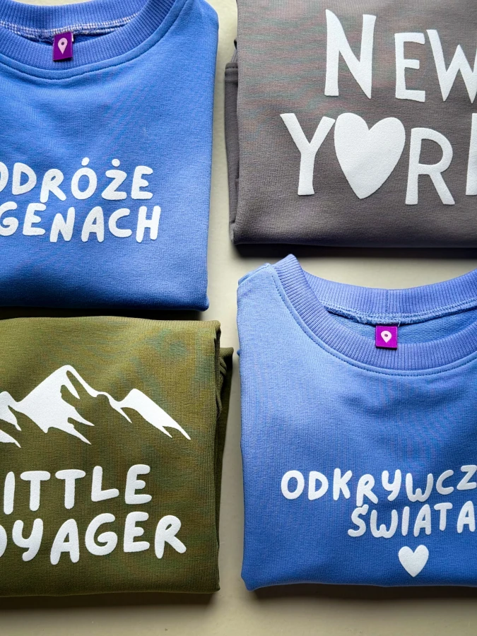 Bluzy dziecięce oversize podróżnicze lawendowa szara i zielona