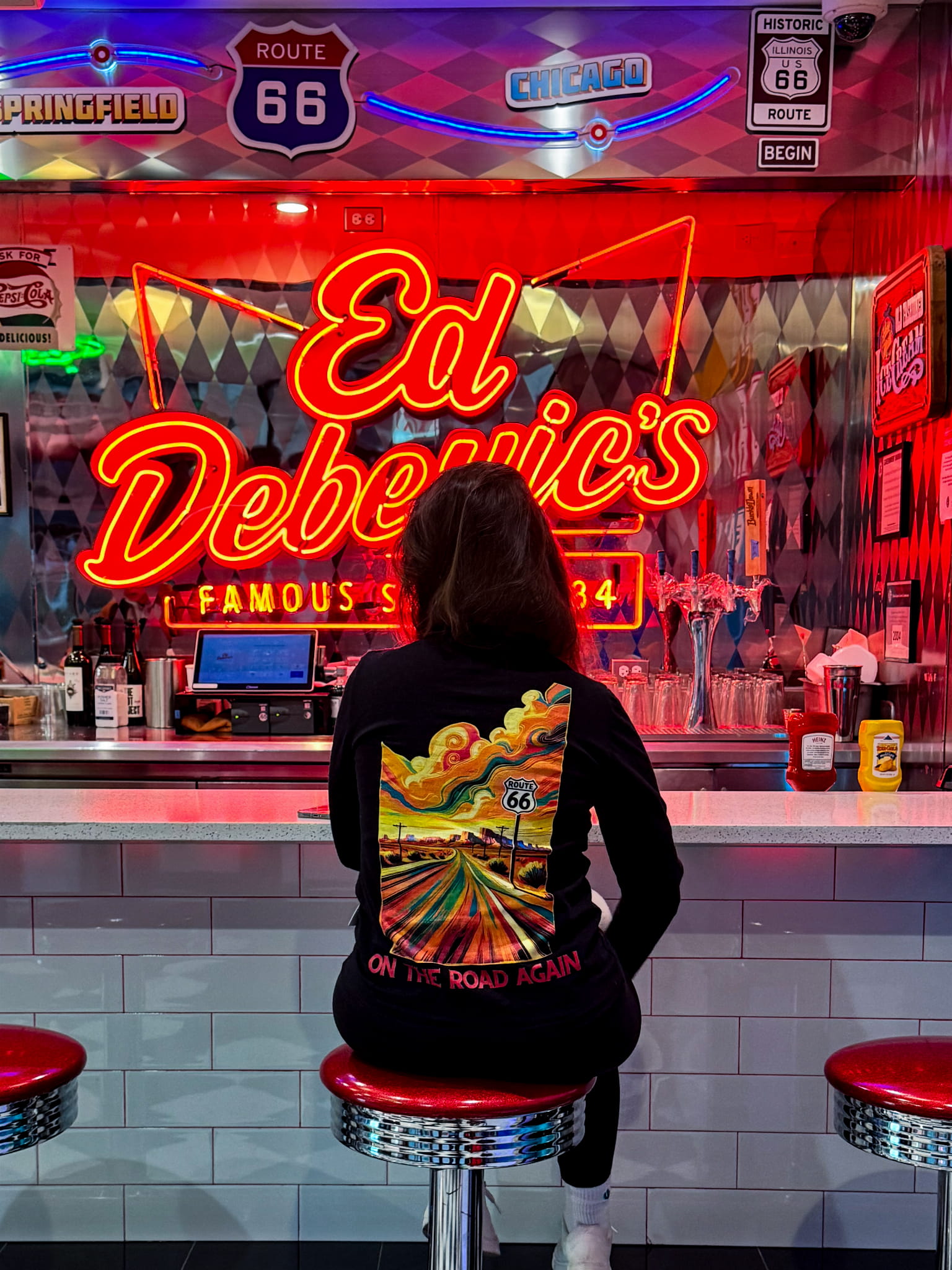 Longsleeve route 66 czarny kolorowa grafika diner Chicago autor zdjęcia: gdzies_w_usa