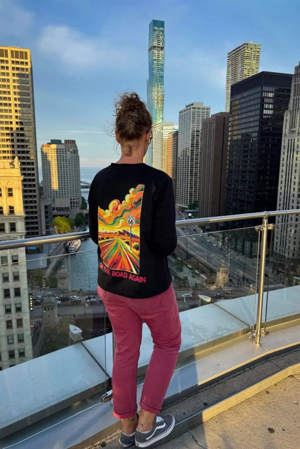 Bluza z nadrukiem na plecach route 66 damska odzież podróżnicza znaczek route 66 z przodu