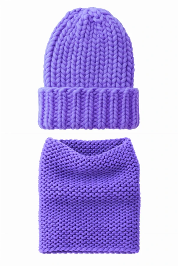 Komplet handmade z naturalnej wełny Merino: czapka i komin w kolorze fioletowym, idealny na zimę wiosnę i jesień