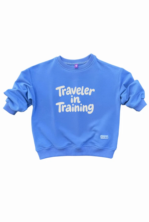 Bluza dziecięca oversize Traveler in training w kolorze niebieskim dla dziecka wygodna bluza bawełniana