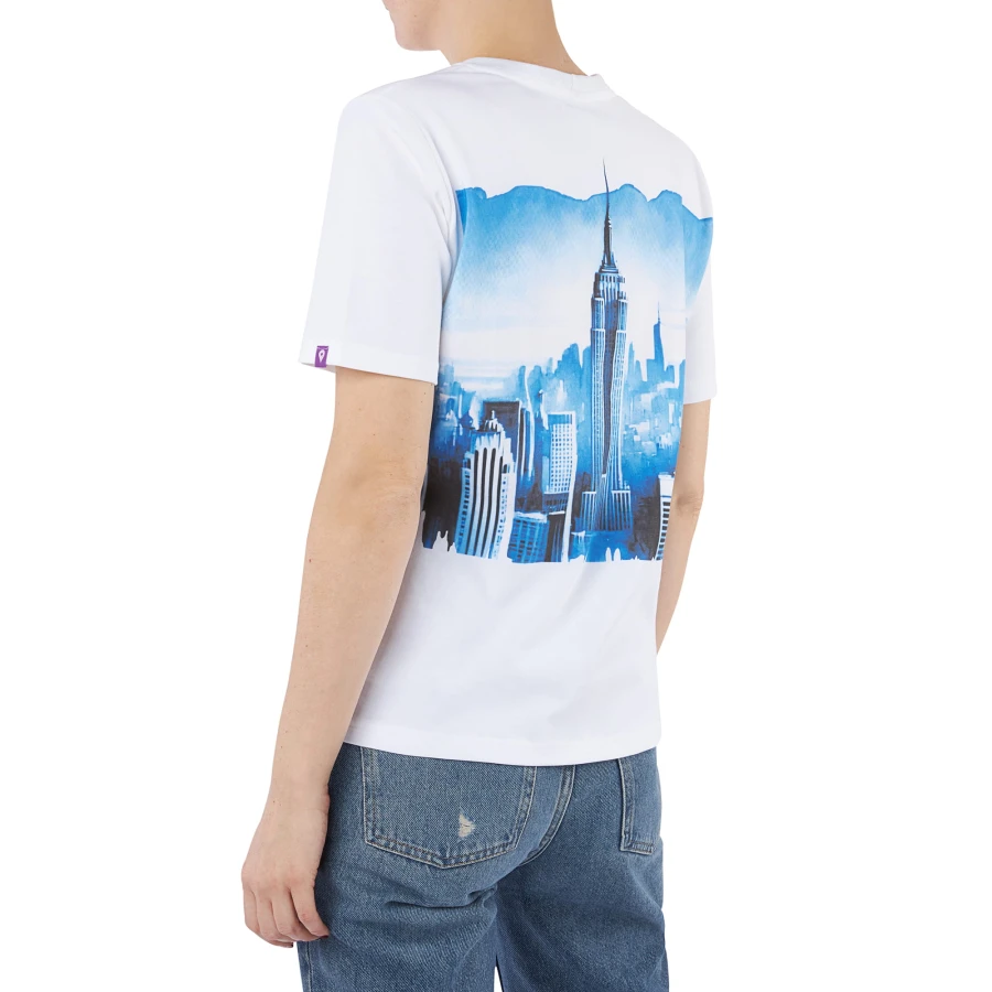 Koszulki podróżnicze z panoramą Nowego Jorku podróże na modelce tyłem