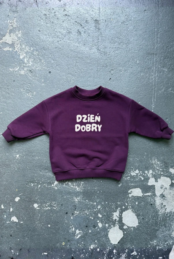 Bluza dziecięca z napisem DZIEŃ DOBRY dla dziecka w kroju oversize bakłażanowa
