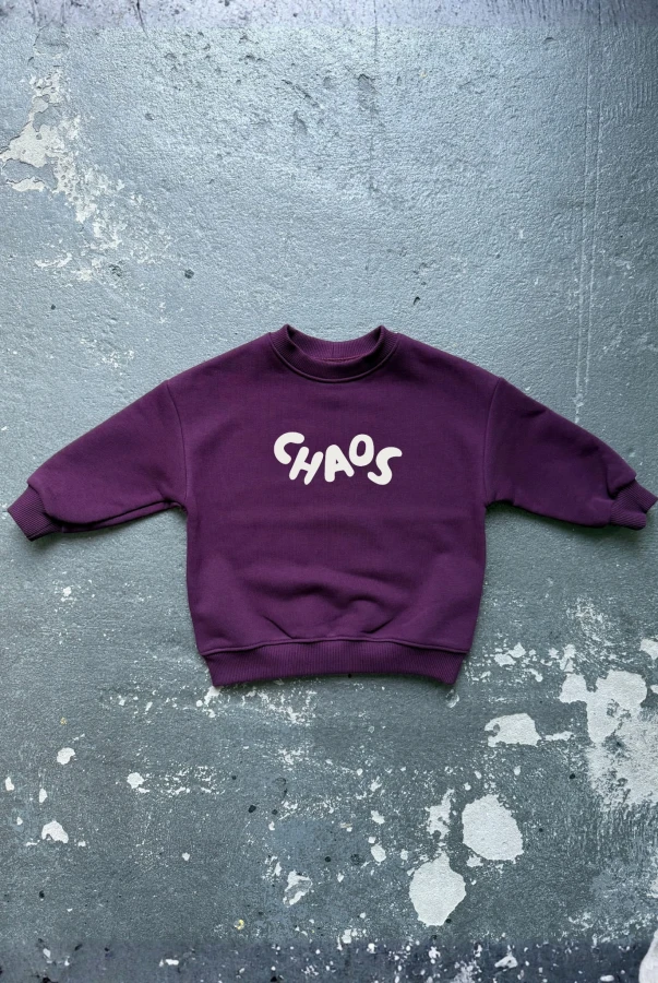 Bluza z napisem CHAOS oversize unisex w wersji matchy matchy dla mamy i dziecka w kolorze bakłażanu