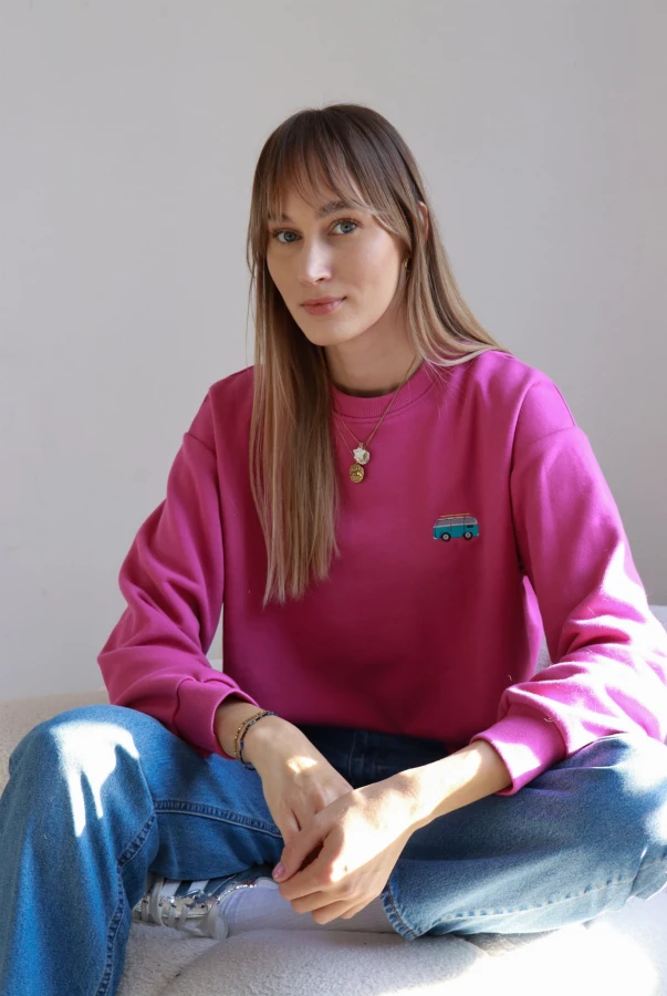 Bluza dla kobiet w kolorze magenta z haftem vana dla miłośników podróży vanlife podróż zwiedzanie