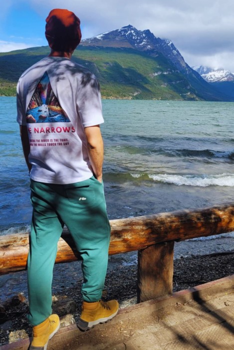 Koszulka podróżnicza dla mężczyzny z motywem szlaku The Narrows w Stanach Zjednoczonych Zion National Park Biała oversize polska produkcja