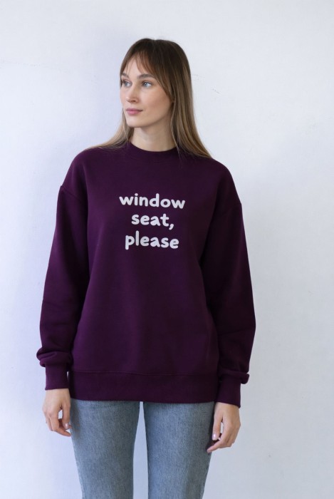 Bluza damska oversize z napisem WINDOW SEAT PLEASE dla podróżniczki kochającej podróże po całym świecie