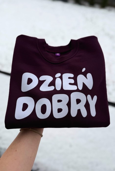 Bluza dziecięca z napisem DZIEŃ DOBRY dla dziecka w kroju oversize bakłażanowa