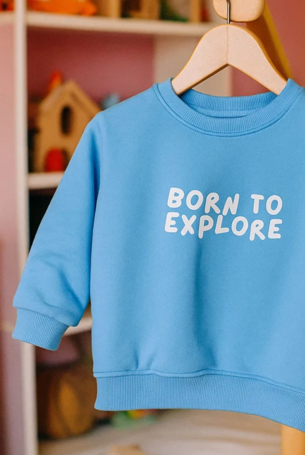 Dziecięca bluza dla małego podróżnika z napisem BORN TO EXPLORE w kolorze niebieskim bawełna oversize rodzinne podróże