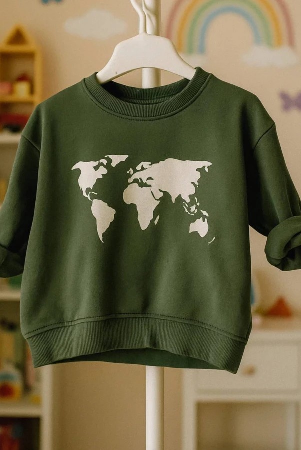 Bluza dziecięca mapa świata Wear Your Journey w kolorze kawowym oversize podróże rodzinne podróżowanie