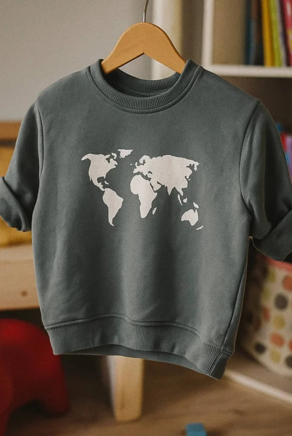 Bluza dziecięca mapa świata Wear Your Journey w kolorze kawowym oversize podróże rodzinne podróżowanie