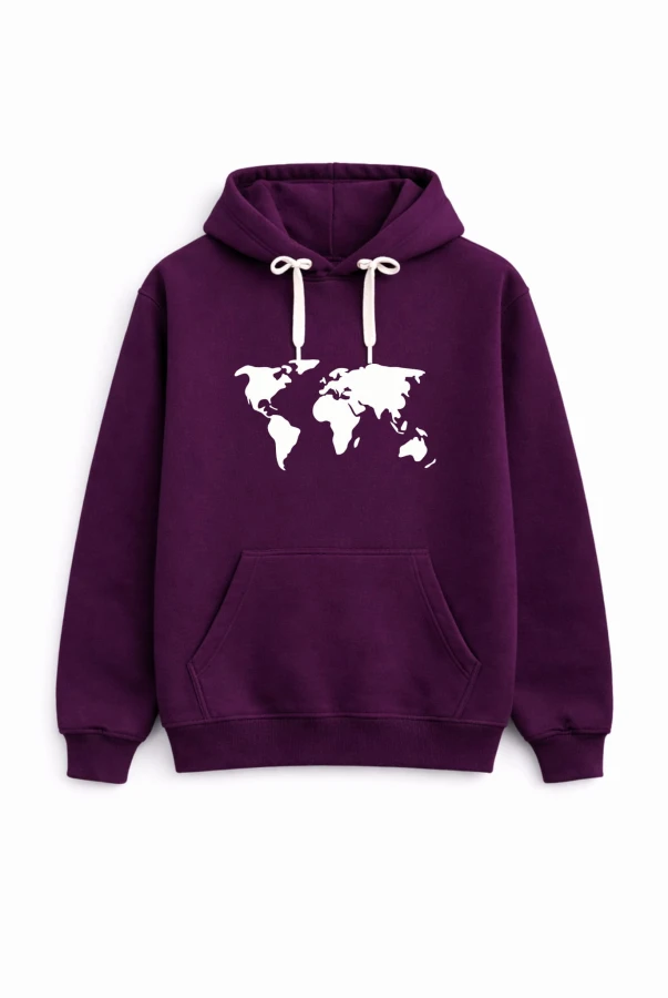 Bluza unisex z kapturem MAPA SWIATA w kolorze bakłażanowym dla podróżników podróże wyjazdy