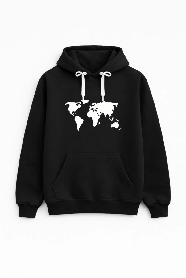 Bluza unisex z kapturem MAPA SWIATA w kolorze czarnym dla podróżników podróże wyjazdy