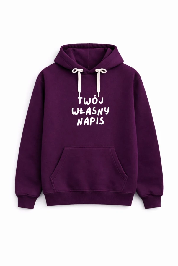 Bluza unisex z kapturem personalizowana stwórz własny napis na bluzie w kolorze bakłażanu