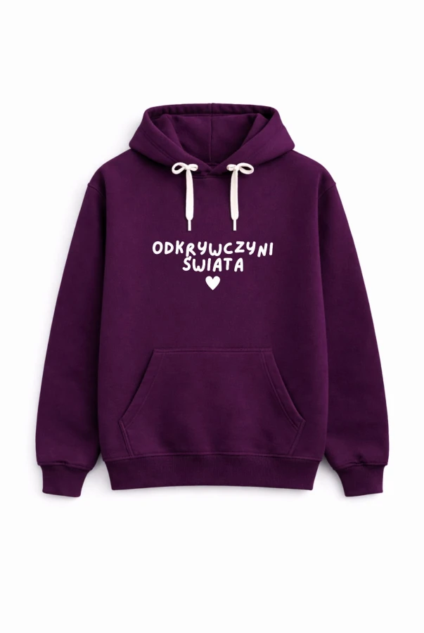 Bluza unisez z kapturem ODKRYWCZYNI ŚWIATA w kolorze bakłażanowym dla podróżników podróże wyjazdy