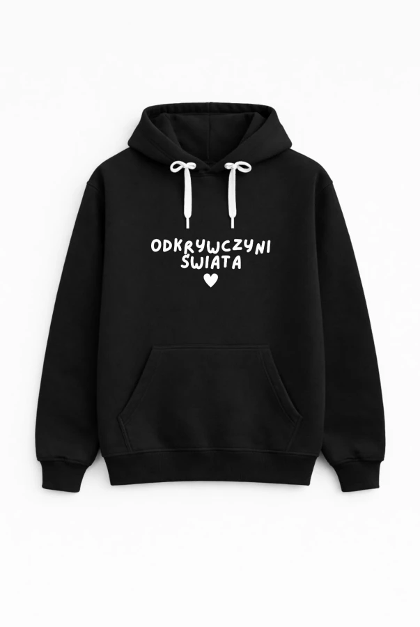 Bluza unisez z kapturem ODKRYWCZYNI ŚWIATA w kolorze czarnym dla podróżników podróże wyjazdy