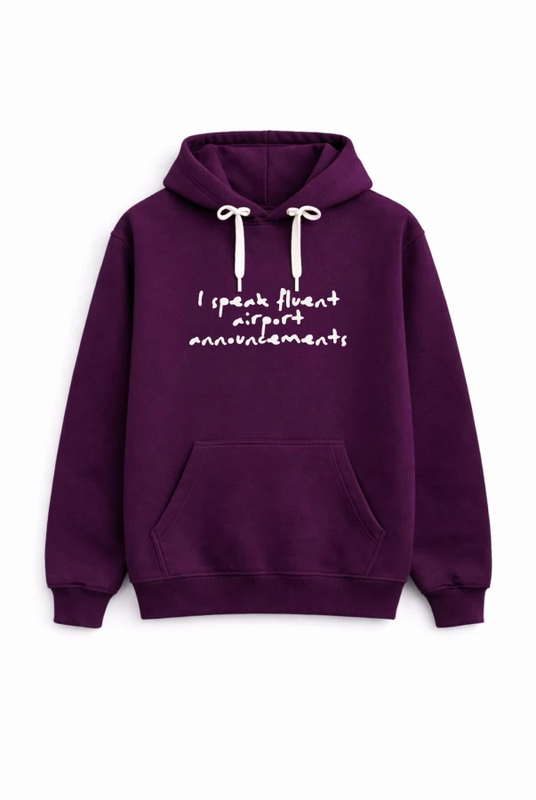 Bluza unisex z kapturem AIRPORT HOODIE w kolorze bakłażanowym dla podróżników podróże wyjazdy