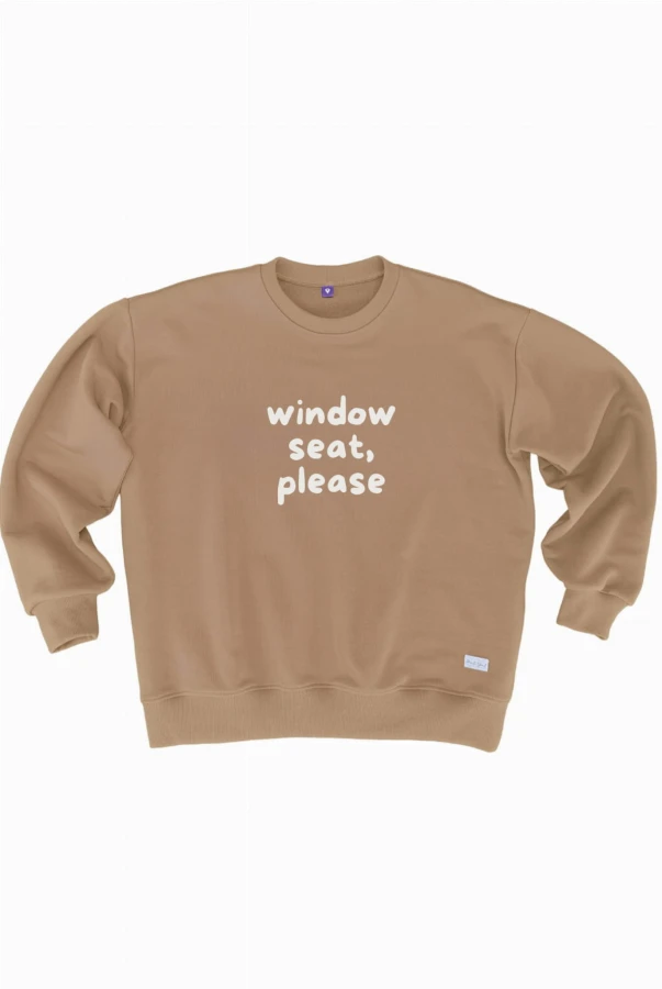 Bluza damska oversize z napisem WINDOW SEAT PLEASE dla podróżniczki kochającej podróże po całym świecie