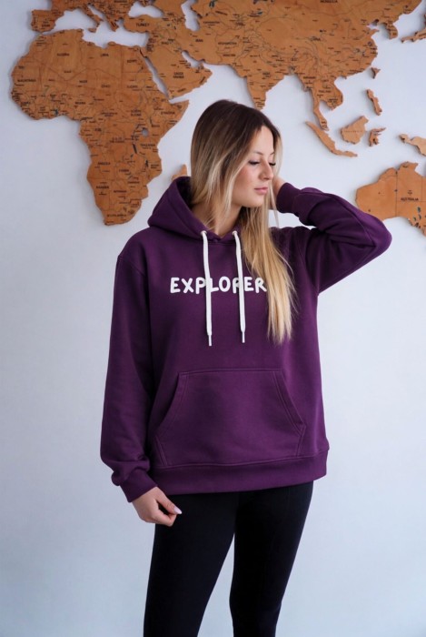 Bluza unisez z kapturem EXPLORER w kolorze bakłażanowym dla podróżników podróże wyjazdy
