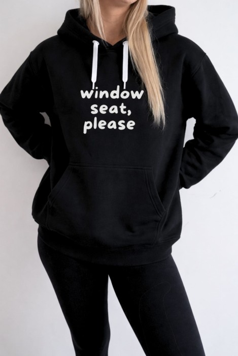 Bluza unisex z kapturem Window seat please w kolorze czarnym dla podróżników podróże wyjazdy