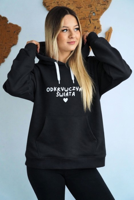 Bluza unisez z kapturem ODKRYWCZYNI ŚWIATA w kolorze czarnym dla podróżników podróże wyjazdy