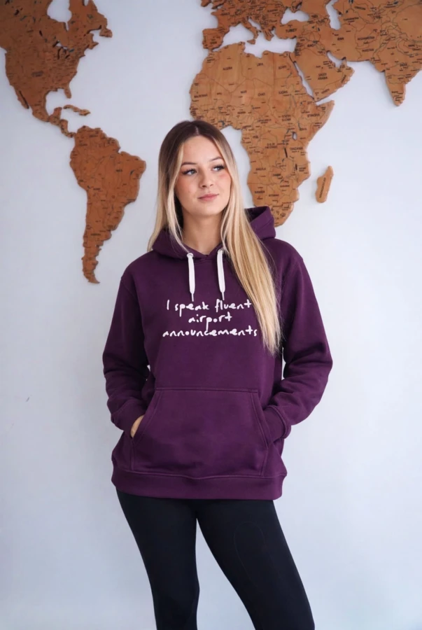 Bluza unisex z kapturem AIRPORT HOODIE w kolorze bakłażanowym dla podróżników podróże wyjazdy