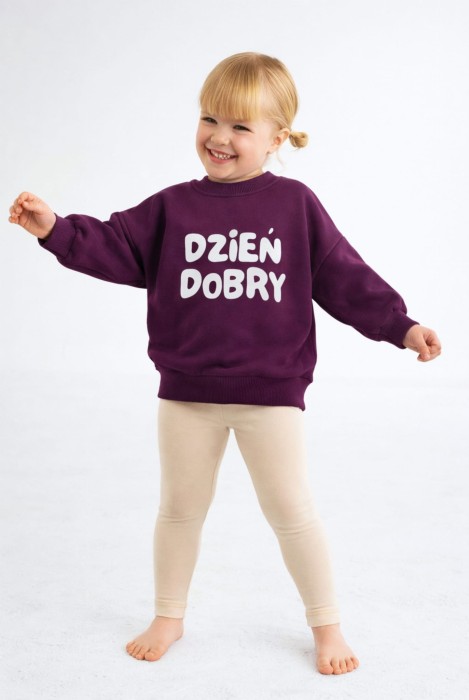 Bluza dziecięca z napisem DZIEŃ DOBRY dla dziecka w kroju oversize bakłażanowa