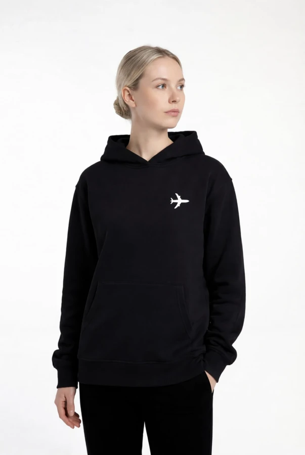 Bluza unisex z kapturem Boarding completed w kolorze bakłażanowym i czarnym dla podróżników podróże wyjazdy bluza do samolotu