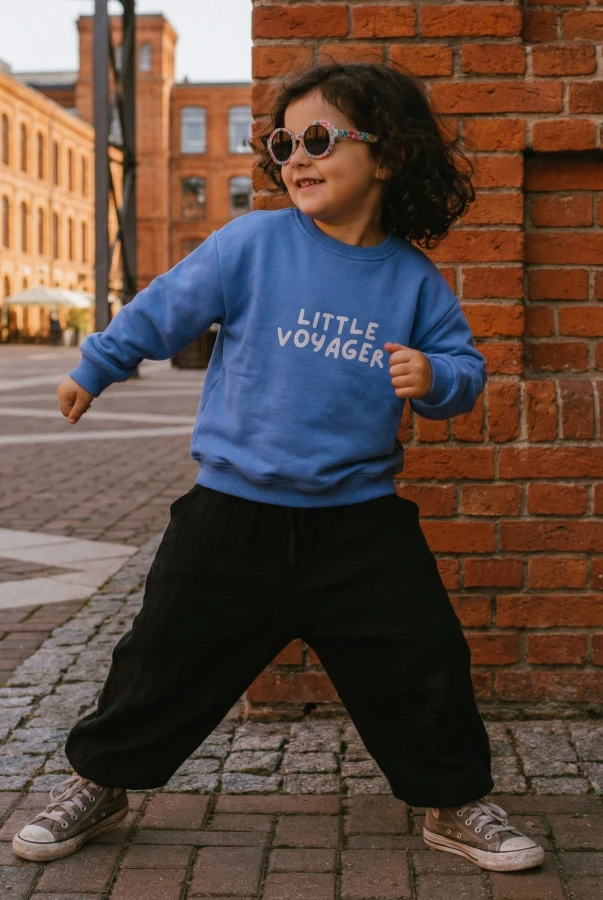 Bluza dla dziecka w kolorze niebieskim z napisem LITTLE VOYAGER dla małego podróżnika rodzinne podróże wyjazdy bawełna oversize