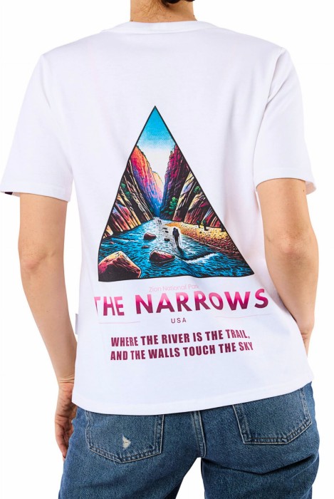 Damska oszulka The Narrows, inspirowana szlakiem The Narrows w Zion National Park, koszulka podróżnicza, grafika na plecach