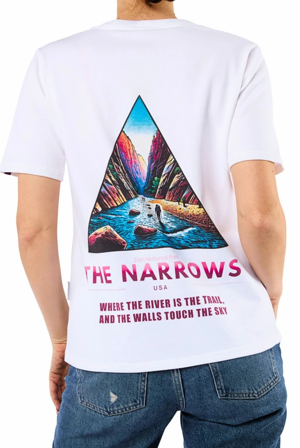 Damska oszulka The Narrows, inspirowana szlakiem The Narrows w Zion National Park, koszulka podróżnicza, grafika na plecach