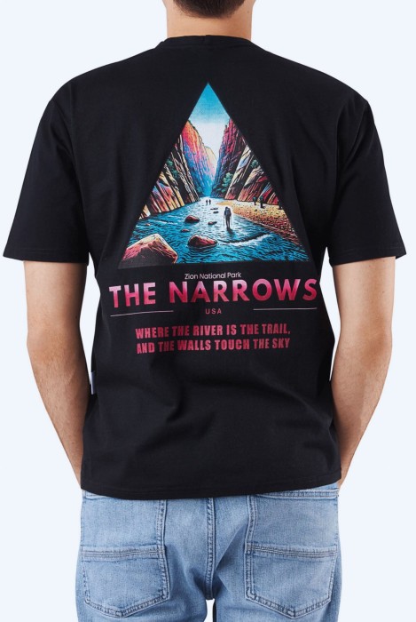 Koszulka podróżnicza dla mężczyzny z motywem szlaku The Narrows w Stanach Zjednoczonych Zion National Park Biała oversize polska produkcja