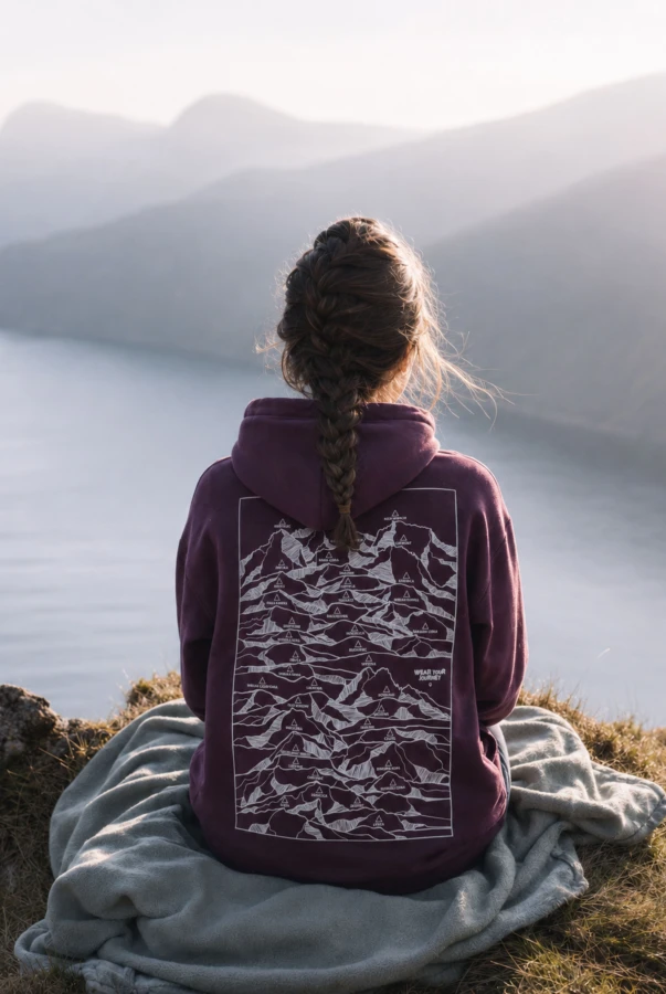 Fioletowa bluza z kapturem Wear Your Journey z nadrukiem mapy polskich szczytów polska produkcja