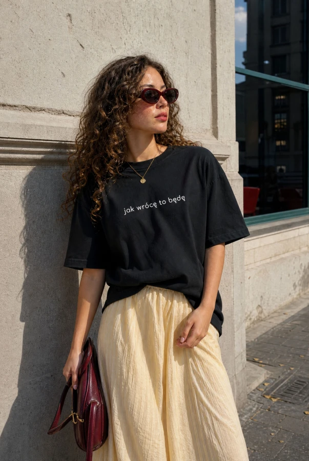 Minimalistyczna koszulka oversize z napisem jak wrócę to będę model unisex