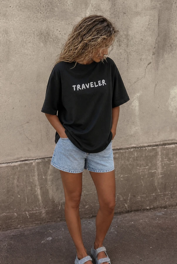 Koszulka podróżnicza z napisem TRAVELER czarna koszulka oversize na prezent