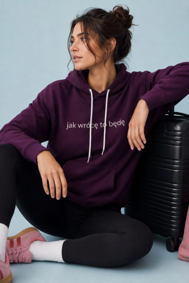 Bluza unisex dla podróżnika z napisem JAK WRÓCĘ TO BĘDĘ w kolorze bakłażanowym
