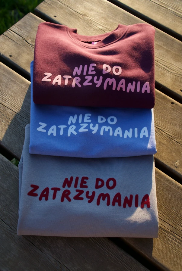 Bluza dla dziecka szara lawendowa i bakłażanowa bez kaptura z napisem NIE DO ZATRZYMANIA